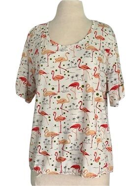 LuLaRoe Cream Short Sleeve Tee with Pink & Coral Flamingo Print